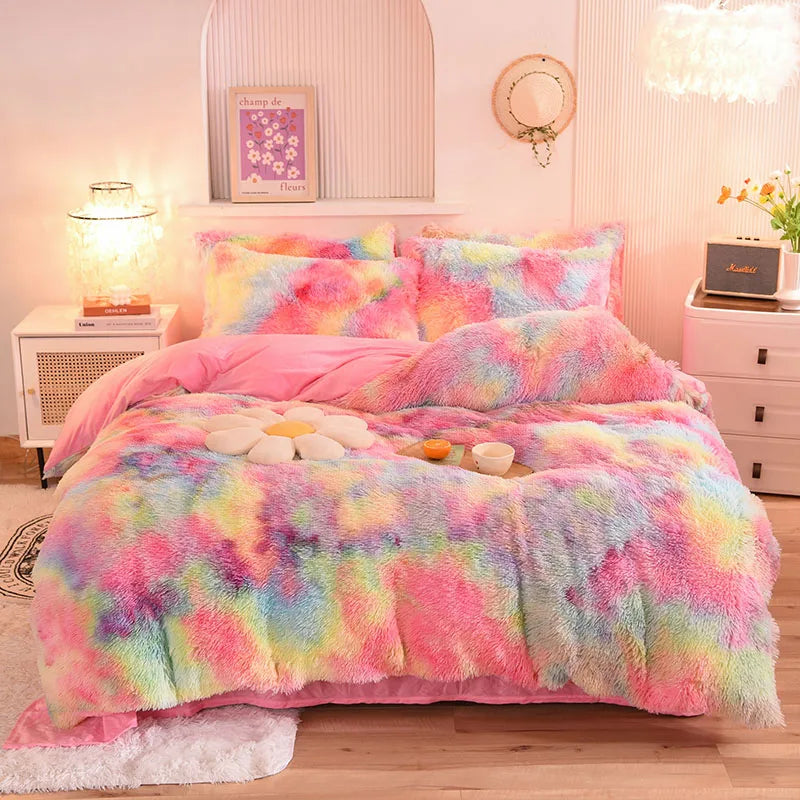 3Pcs Super Shaggy Coral Fleece Warm Cozy Princess Bedding Set Mink Velvet Duvet Cover Set Bed Comforter Cover Blanket Pillowcase