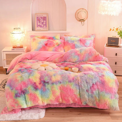 3Pcs Super Shaggy Coral Fleece Warm Cozy Princess Bedding Set Mink Velvet Duvet Cover Set Bed Comforter Cover Blanket Pillowcase
