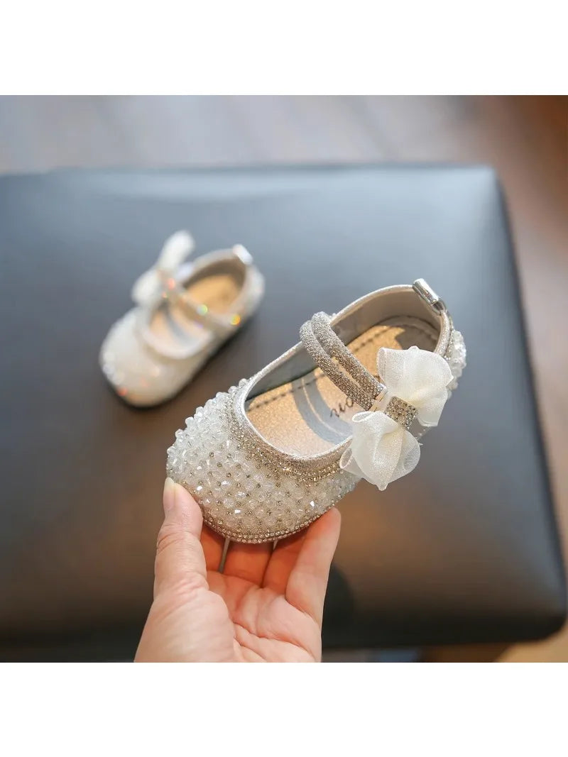 Girls Walking Shoes Lace Mesh Bows Kids Princess Shoes Non-slip Shiny Sequins 2025 New Children Flat Shoes Soft Sole Non-slip.