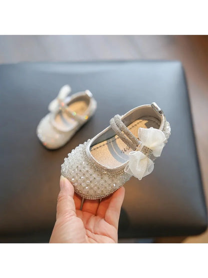 Girls Walking Shoes Lace Mesh Bows Kids Princess Shoes Non-slip Shiny Sequins 2025 New Children Flat Shoes Soft Sole Non-slip.