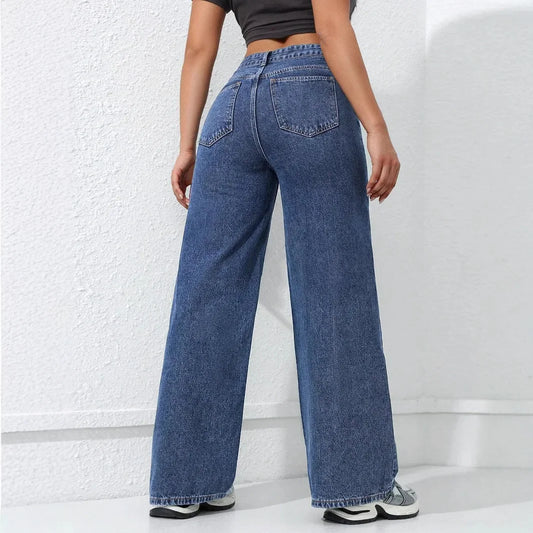 American Style High Waist Wide Leg Jeans Women's Spring New Loose Slim Straight Floor-Length Denim Pants.