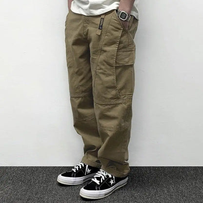 Autumn Men's Pants Multi-Pocket Cargo Pants Retro Solid Color Simple Loose Button Elastic Strap Casual Pants.