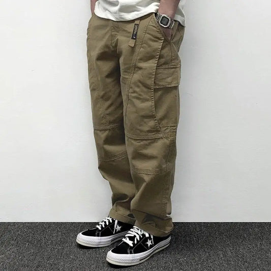 Autumn Men's Pants Multi-Pocket Cargo Pants Retro Solid Color Simple Loose Button Elastic Strap Casual Pants.