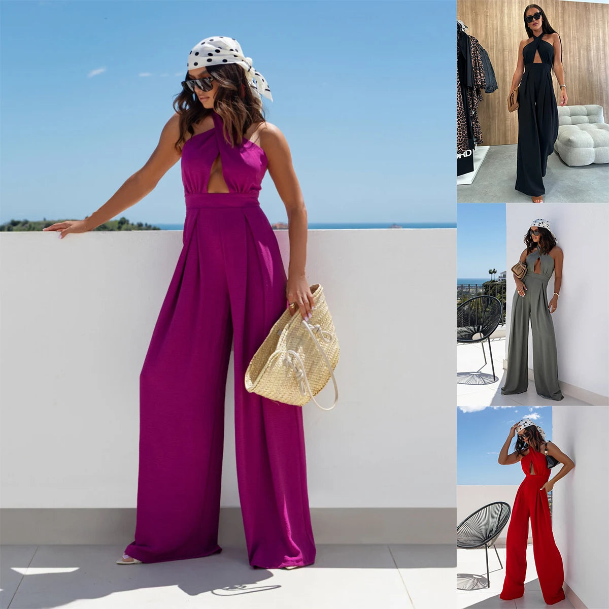 2025 Summer Female Jumpsuits Solid Color Hollow Out But Cross Halter Collar Backless Sexy Lady Wide Legs Jumpsuit Long Pants.