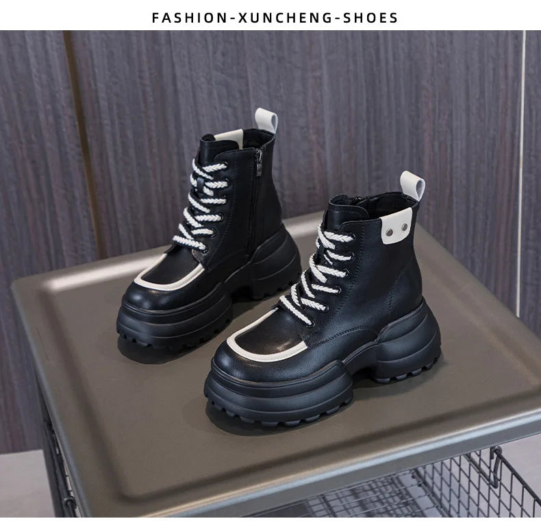 WOIZGIC Women Ladies Mother Genuine Leather Ankle Boots Shoes Lace Up Increase Inside British Style Autumn Winter Plush Fur Warm.