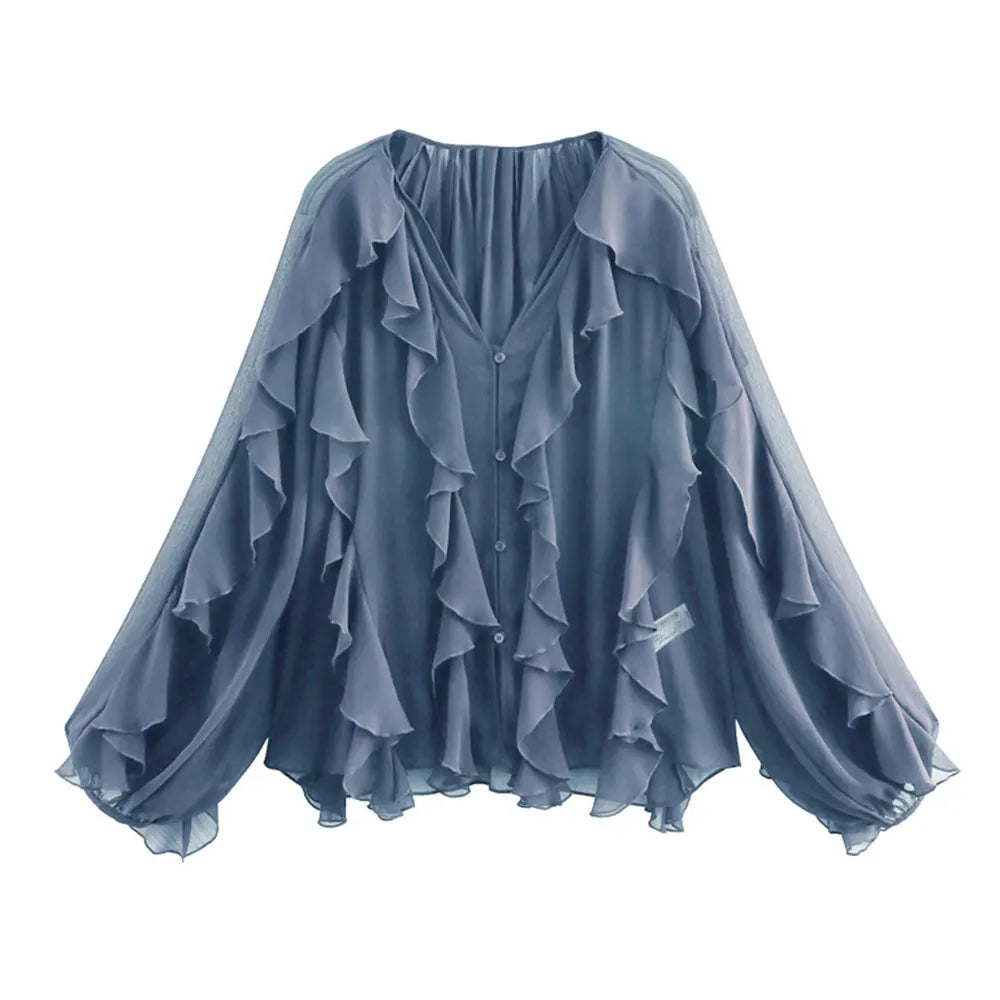 Women Fashion With Ruffles Semi-sheer Blouses V Neck Long Sleeve Button-up Female Shirts Chic Tops