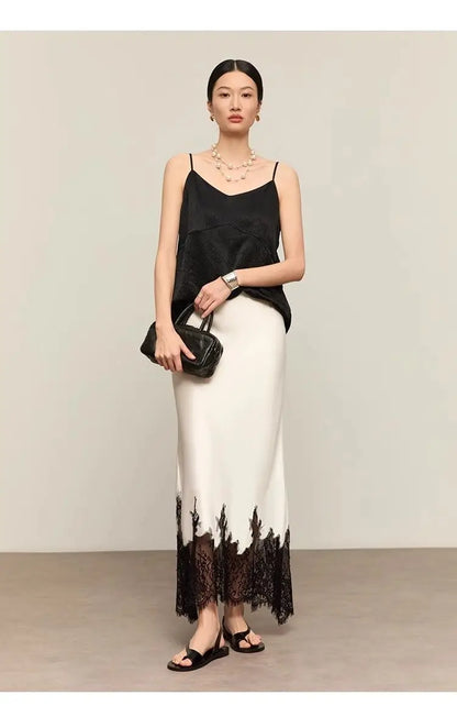 Mia Girl Elegant Satin Long Skirts for Women Oversize Lace Patchwork High Waist A-line Skirt French Style Summer Chic Lady Skirt.