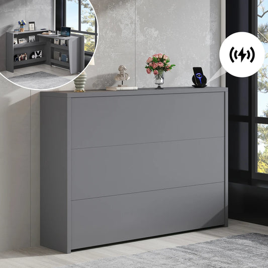 Klappbarer Schreibtisch mit Rollen und kabellosem Ladegerät – 2-in-1-Sideboard und Arbeitsplatz, mit Regal und Kippschutz, Rollen mit Bremstisch