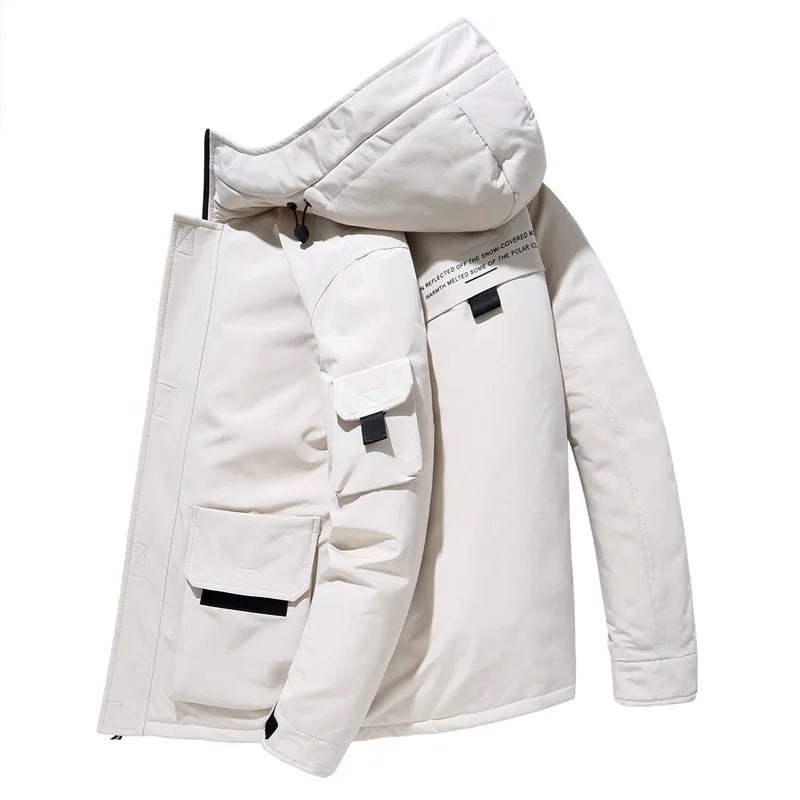 2025 new men's workwear down jacket, winter hooded warm jacket, multi pocket windproof down jacket, trendy down jacket.
