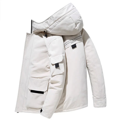 2025 new men's workwear down jacket, winter hooded warm jacket, multi pocket windproof down jacket, trendy down jacket.