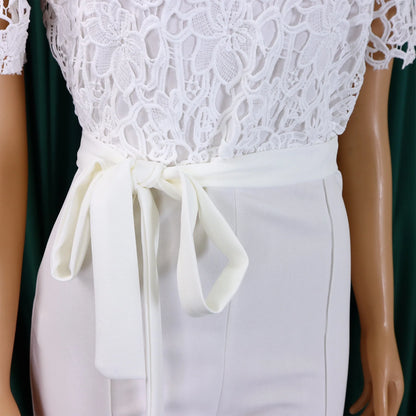 Elegant Jumpsuits & Rompers for Women O Neck Lace Patchwork Short Sleeve Sashes High Waisted Luxury Birthday Party Dinner Outfit