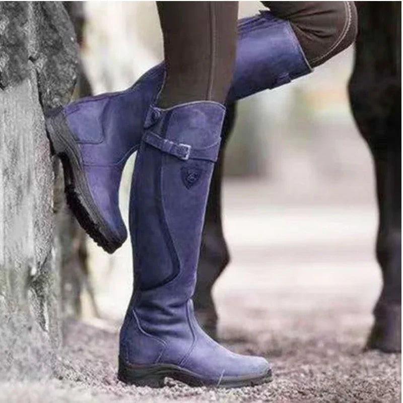 Women Autumn Winter Knee High Boots Female Pleated Buckle Leather Boots Zipper Flat Long Boots Plus Size 35-43 Botas De Mujer.