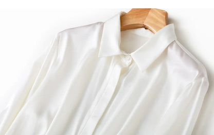 Tajiyane Damen-Langarmshirt aus 93 % Maulbeerseide, 7 % Elasthan, 19 Momme, Satin-Seidenknöpfe, Oberteil, Bluse, Büroarbeit, Chemise Femme