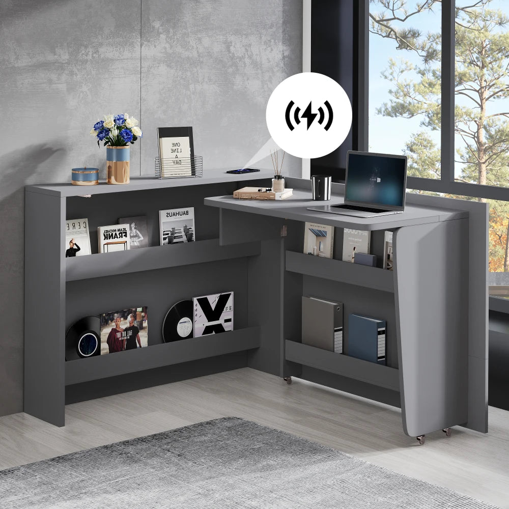 Klappbarer Schreibtisch mit Rollen und kabellosem Ladegerät – 2-in-1-Sideboard und Arbeitsplatz, mit Regal und Kippschutz, Rollen mit Bremstisch