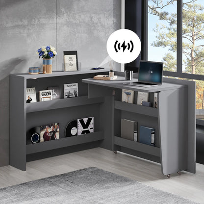 Klappbarer Schreibtisch mit Rollen und kabellosem Ladegerät – 2-in-1-Sideboard und Arbeitsplatz, mit Regal und Kippschutz, Rollen mit Bremstisch
