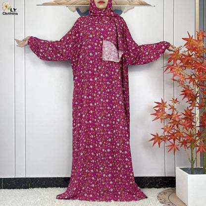New Muslim Long Sleeved Cotton For Women Ramadan Prayer Turkey Middle East Femme Robe Floral Loose African Abaya Dress Scarfs.