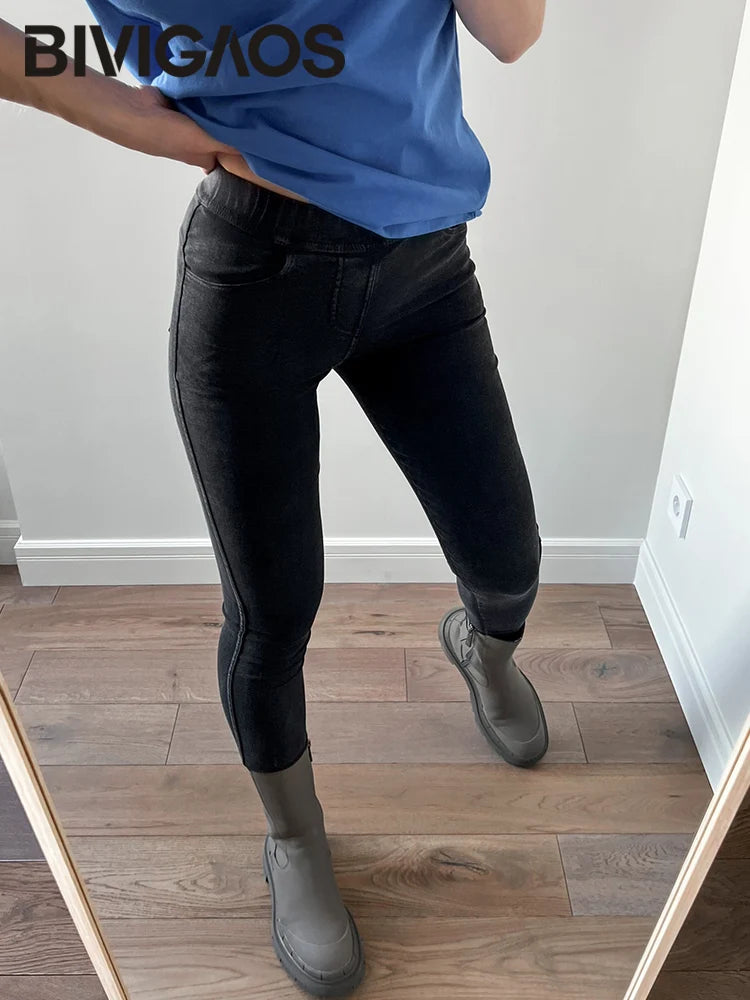 BIVIGAOS Fashion Women Basic Casual Slim Stretch Denim Jeans Leggings Pencil Pants Thin Skinny Jeggings Korean Womens Clothing.
