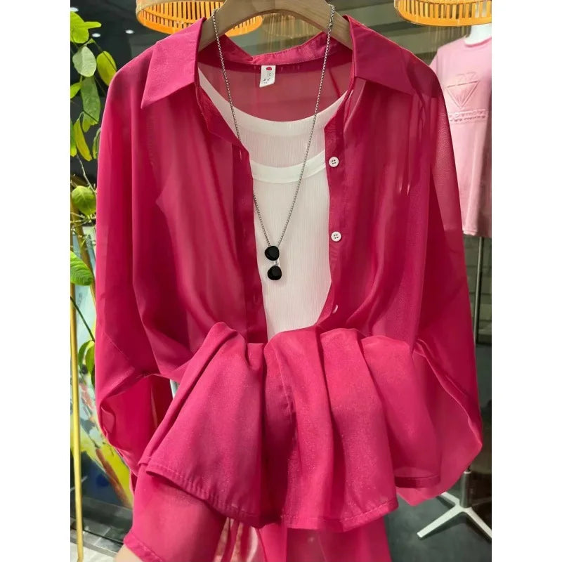 1pcs Woman Four Seasons Shirt Lady Thin Sunscreen Shirts Female Casual Long Sleeve Turn-down Collar Loose Med-Length Style Tops.