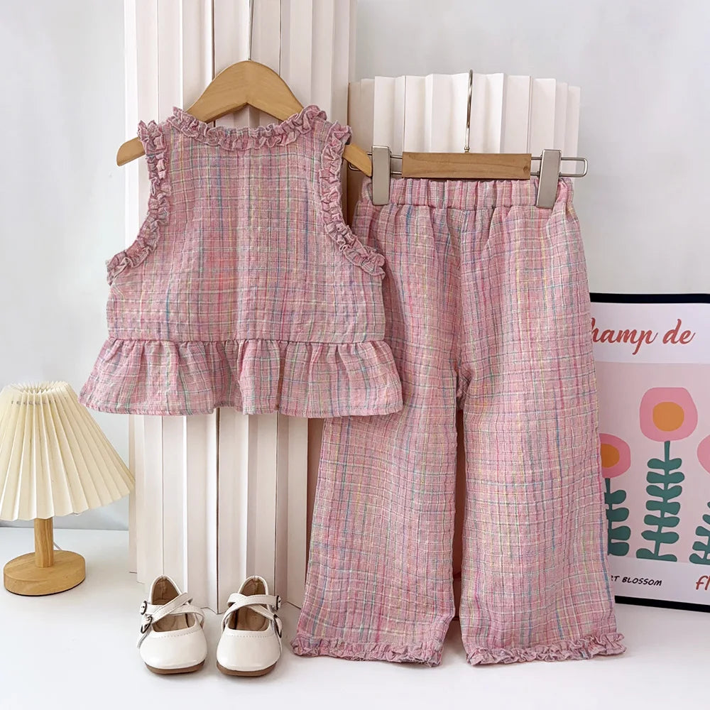 Pink Girl's Summer Two-piece Set with Single Breasted Sleeveless Top and Casual Pants, New Children's Sets Kids Clothes.