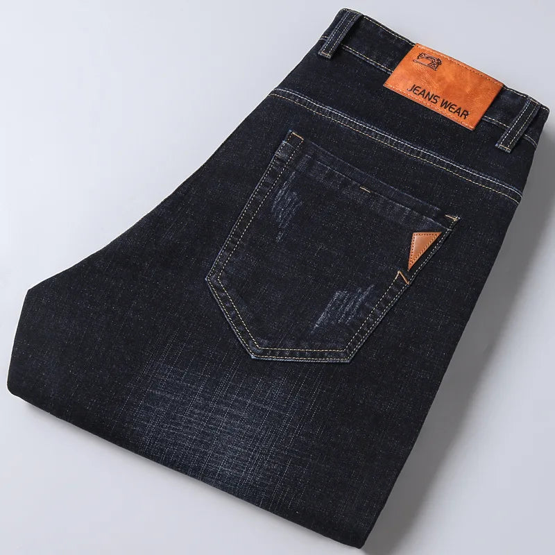 Autumn Classic Men's Fitted Stretch Jeans Business Casual Cotton Denim Straight Leg Pants Male Black Blue Trousers.