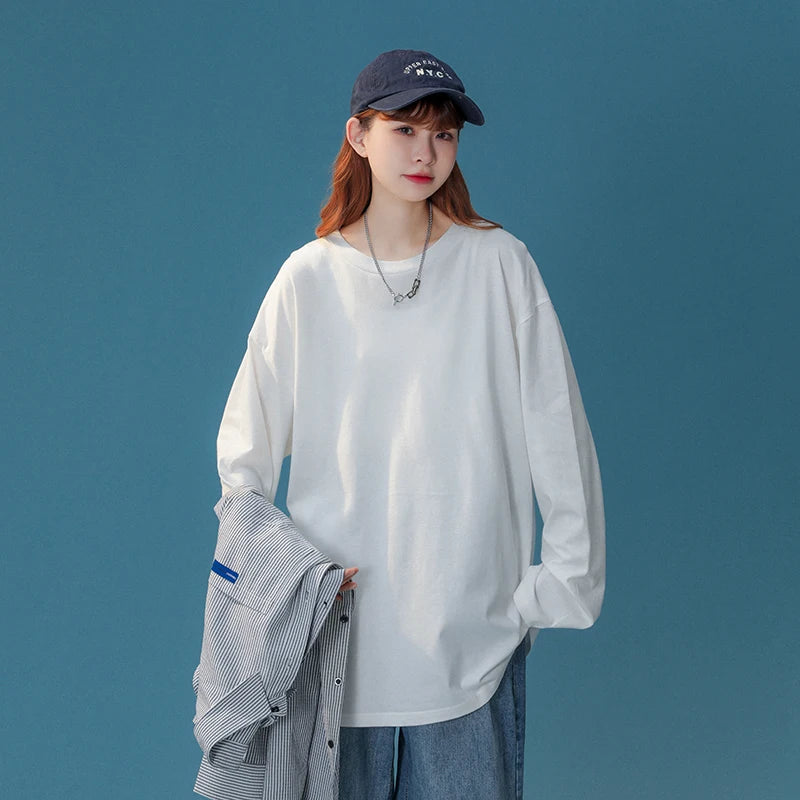 COUTUDI-Oversized T-Shirt for Women, Loose Pullover,Long Sleeve, Casual 100% Cotton Tee Shirt, Lady Tops, Korean Streetwears
