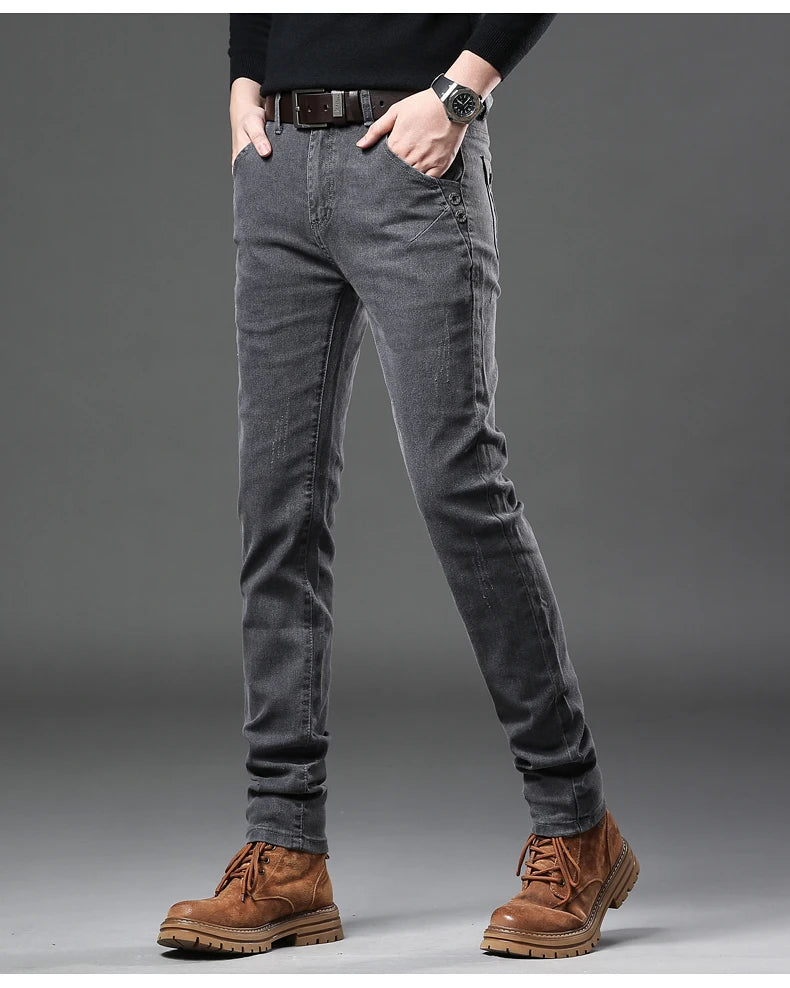 New Pure Gray Korean Slim Jeans Men's Stretch Tight Trendy Jean Trousers Branded Streetwear Comfortable Man Clothing Pants.