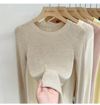 Spring  Basic O-Neck Slim T-Shirt Women Solid Multi Color All-Match Trend Casual Top Screw Knit Long Sleeve Elastic Office Lady.