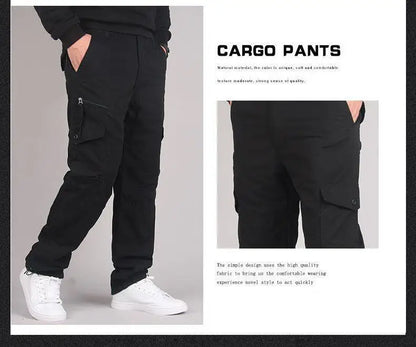 Autumn Winter Mens Cargo Pants Fleece Warm Trousers Cotton Pants Insulated Hiking Running Pants Man Multiple Pockets.
