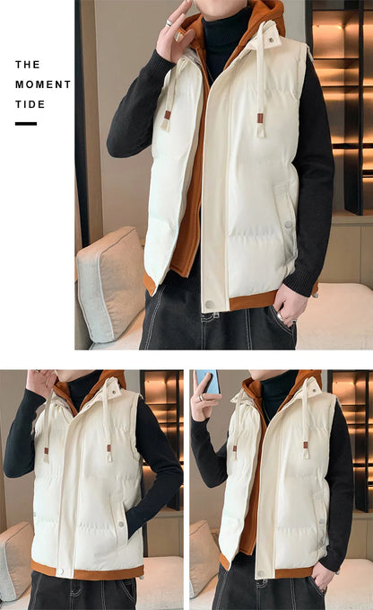 Men Windproof Hooded Vest Men Jacket Sleeveless Vest Winter Jacket Casual Coat Men Down Cotton Warm Thicken Waistcoat Thick Coat.