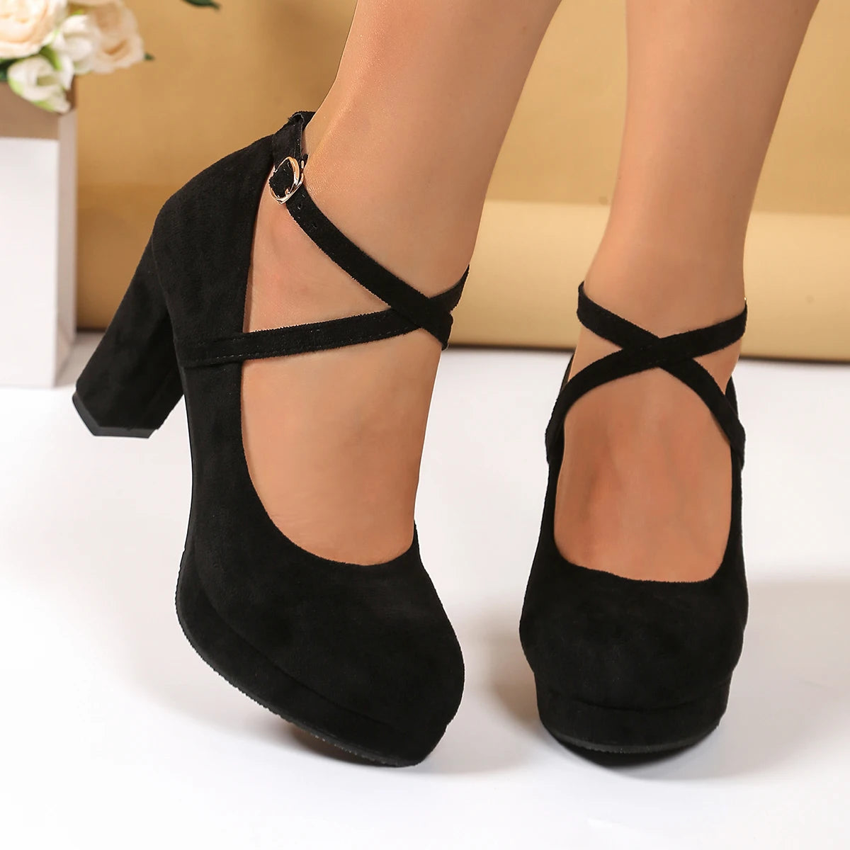 Women Shoes on Heels Women Platform Pumps Spring Summer Shallow Cross Strap Buckle Shoes Round Toe Shoes for Women High Heels.