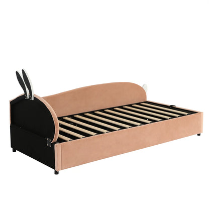 Polsterbett, Einzelbett, Babybett, niedlicher Hasenkopf, hydraulisches Bett mit Stauraum, erhöhter weicher Zaun, Samt, rosa + weiß, 90 x 200 cm