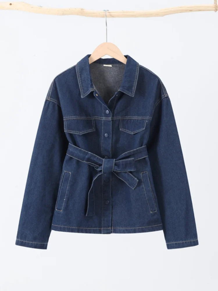 Retro Classic Denim Jacket Pants 2pcs Set Strap Coat Women Straight Leg Pants Autumn Stylish Women's Casual Suit.