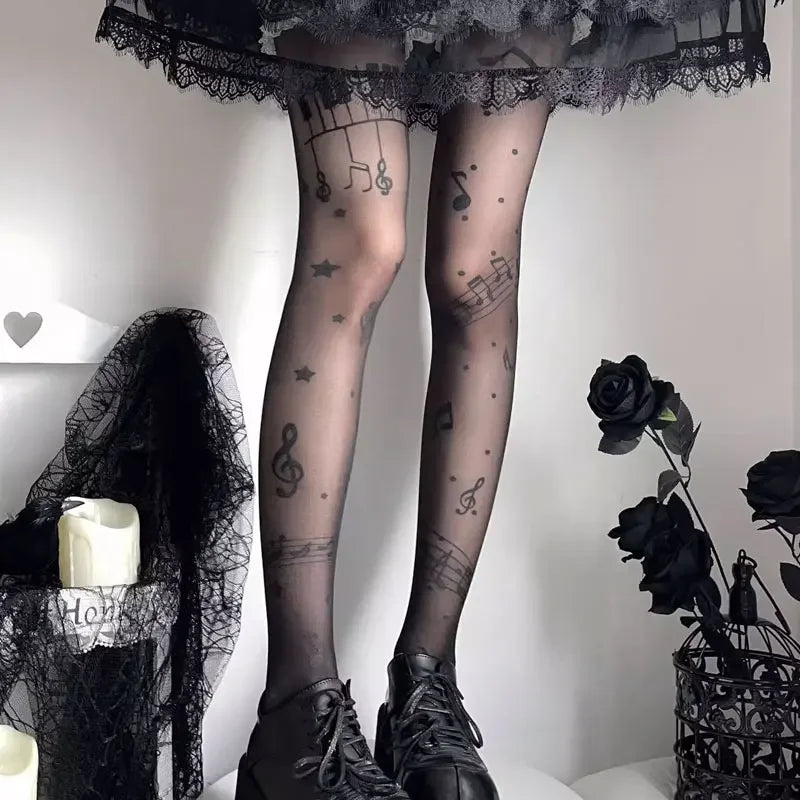 Women Personalized Stocking Gothic Music Notes Print Tights Thin High Elasticity Black Skin Leggings Spicy Girls Y2K Hosiery