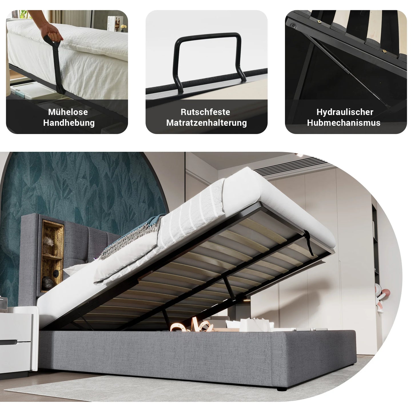KOMHTOM Doppelbett Polsterbett Grau Baumwolle - Kabelloses Laden USB C, Bettgestell mit Stauraum, Holz-Lattenrost, ohne Matratze