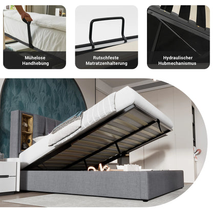KOMHTOM Doppelbett Polsterbett Grau Baumwolle - Kabelloses Laden USB C, Bettgestell mit Stauraum, Holz-Lattenrost, ohne Matratze