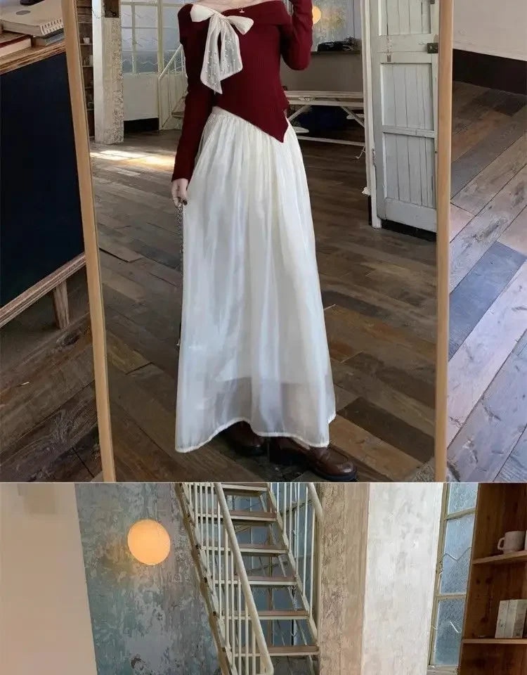 Red One-Shoulder Long-Sleeve Knitted Sweater Women's Spring New Year Slim Fit Short Top Butterfly Knot Decorated Cotton T-shirt.