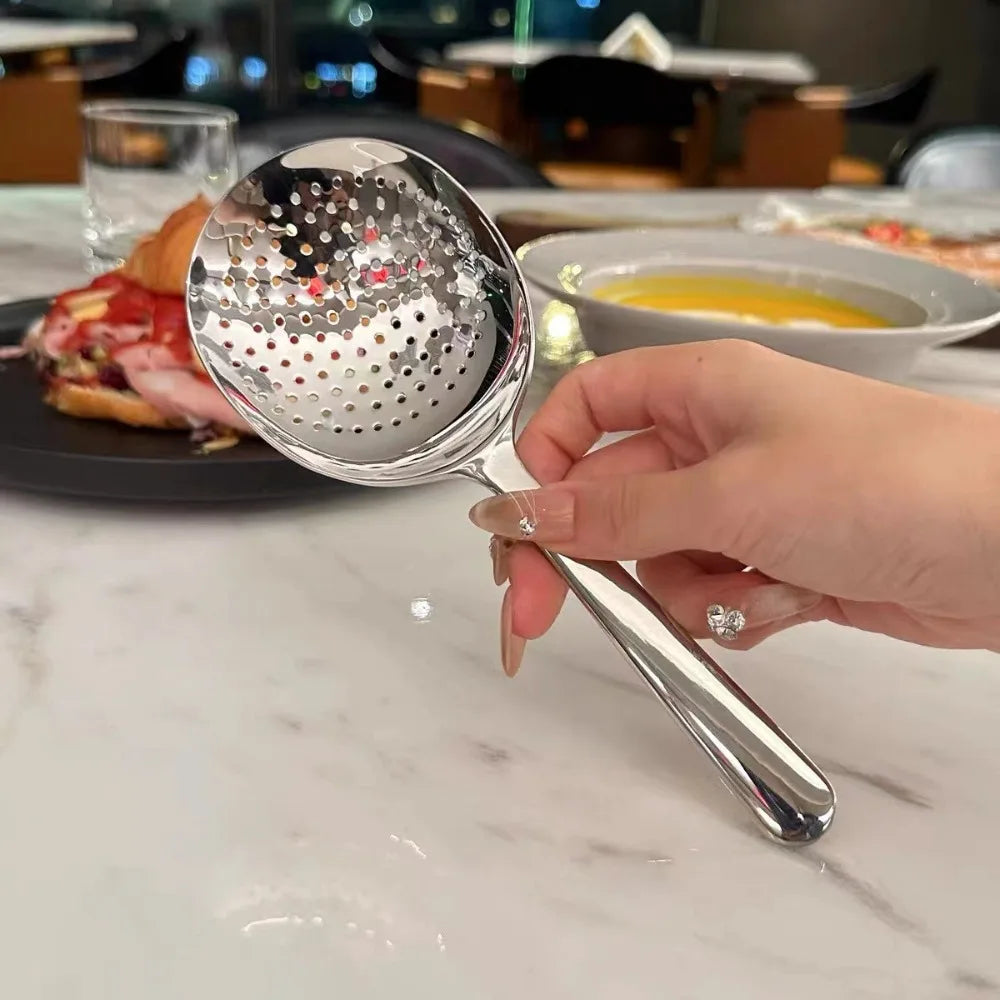1Pc Big Head Stainless Steel Round Spoon Large Size Dining Spoon Rice Serving Spoon Drain Hole Heat Spoons Kitchen Tool Utensils.