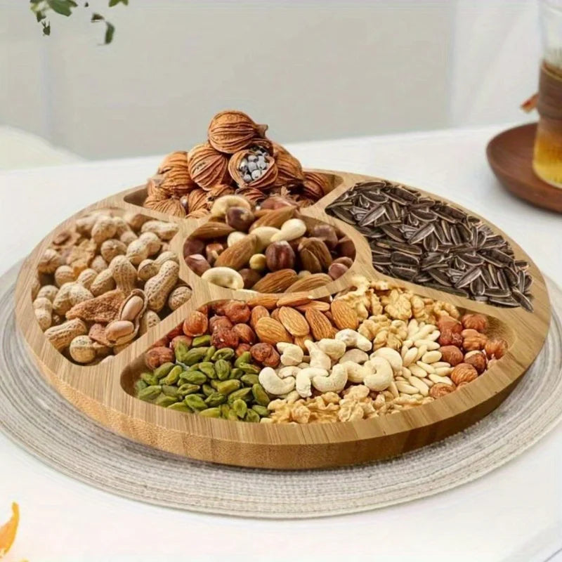 Round Bamboo Serving Tray Handmade Wood Snack Plate for Fruits Cheese Breakfast in Bed Dining Room Decor Gift.