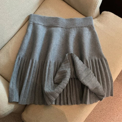 Pleated Mini Skirts Korean Sweet Knitted Skirts Sweet Elastic Waist Ladies Casual Youthful For Women's Clothes Solid Fashion New.