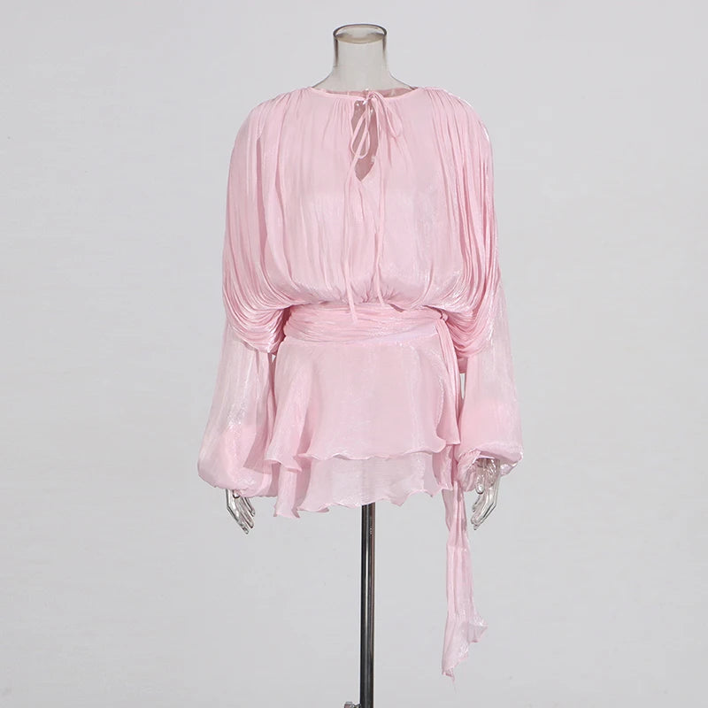 GALCAUR Solide Lose Splicd Lace Up Kleider Für Frauen V-ausschnitt Mit Langen Ärmeln Patchwork Rüschen Tunika Kleider Weibliche Mode Neue