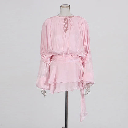 GALCAUR Solide Lose Splicd Lace Up Kleider Für Frauen V-ausschnitt Mit Langen Ärmeln Patchwork Rüschen Tunika Kleider Weibliche Mode Neue