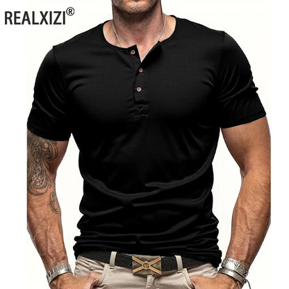 Men's Short Sleeve Henley Neck T-shirt Solid Color Male Tops Slim Fit Button Neck Casual Cozy Tshirt  Streetwear.