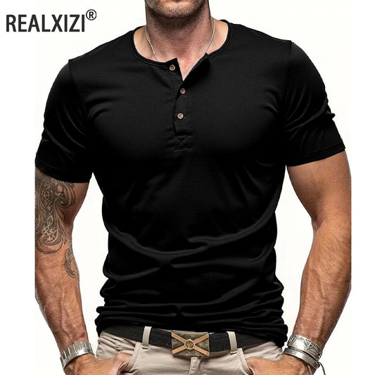 Men's Short Sleeve Henley Neck T-shirt Solid Color Male Tops Slim Fit Button Neck Casual Cozy Tshirt  Streetwear.