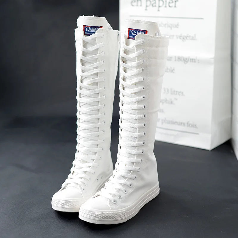 Women Shoe Canvas Casual High Top Shoes Long Boot Lace-Up Zipper Comfortable Flat Boot Sneakers Tenis Feminino Spring Autumn.