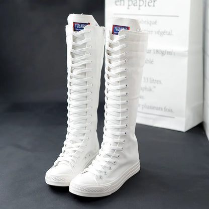 Women Shoe Canvas Casual High Top Shoes Long Boot Lace-Up Zipper Comfortable Flat Boot Sneakers Tenis Feminino Spring Autumn.