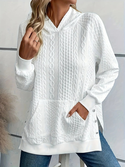 Lässiges Sweatshirt in Übergröße, Damen-Hoodie mit festem Zopfmuster und langen Ärmeln und Knöpfen und Taschen