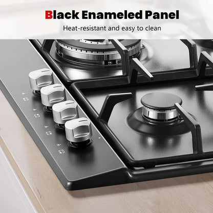 4 Burners Black Enamelled Plate 58 cm Automatic Flame Protection, Natural Gas and Propane Gas, Built-in Gas Hob.