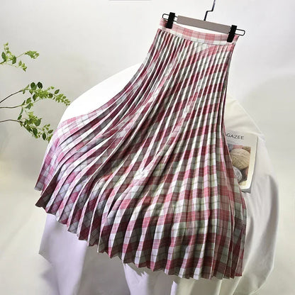 Looks Thin Pleated Skirt 2025 New High Waist A-line Skirt Mid-length Big Size Plaid Skirt Long Pleated Skirt Length 75-90cm