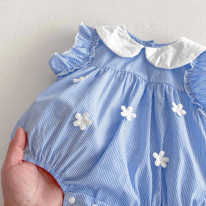 Babykleidung 2025, Sommer-Baby-Body für Mädchen, Baumwolle, ärmellos, für Kleinkinder, blau, weiß, gestreift, Einteiler, süßes Kleinkind-Einteiler.