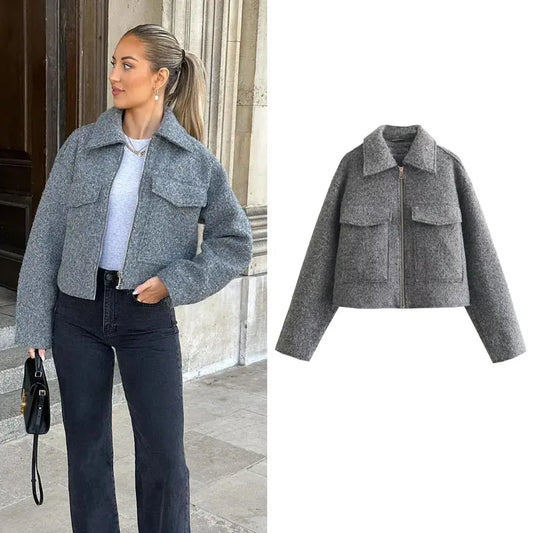 MUJER Kurze Tweed-Jacken für Damen, Herbst-Winter-Kurzmanteljacke, Damen-Reißverschluss-Crop-Jacke für die Halbsaison, Damen, neu in Oberbekleidung